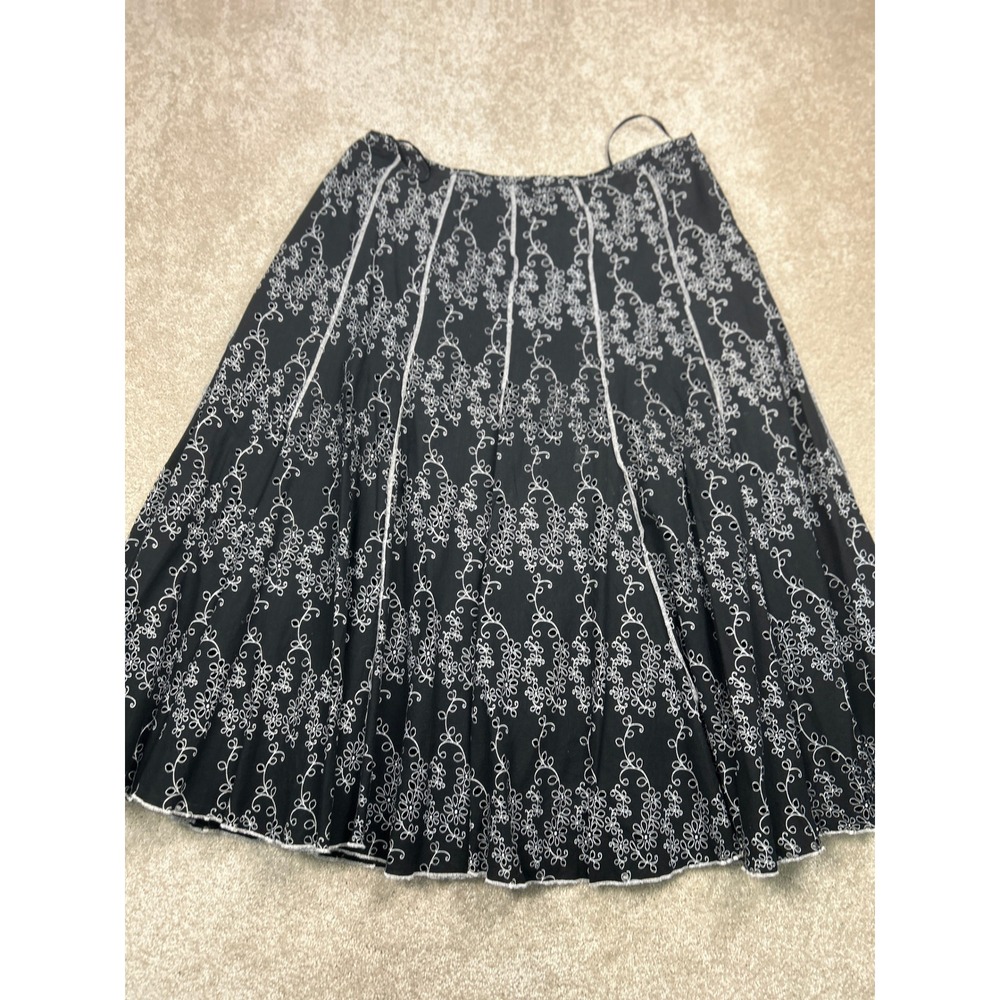 Multiples Floral Embroidered Skirt L Black White A-Line Boho Cottagecore Prairie